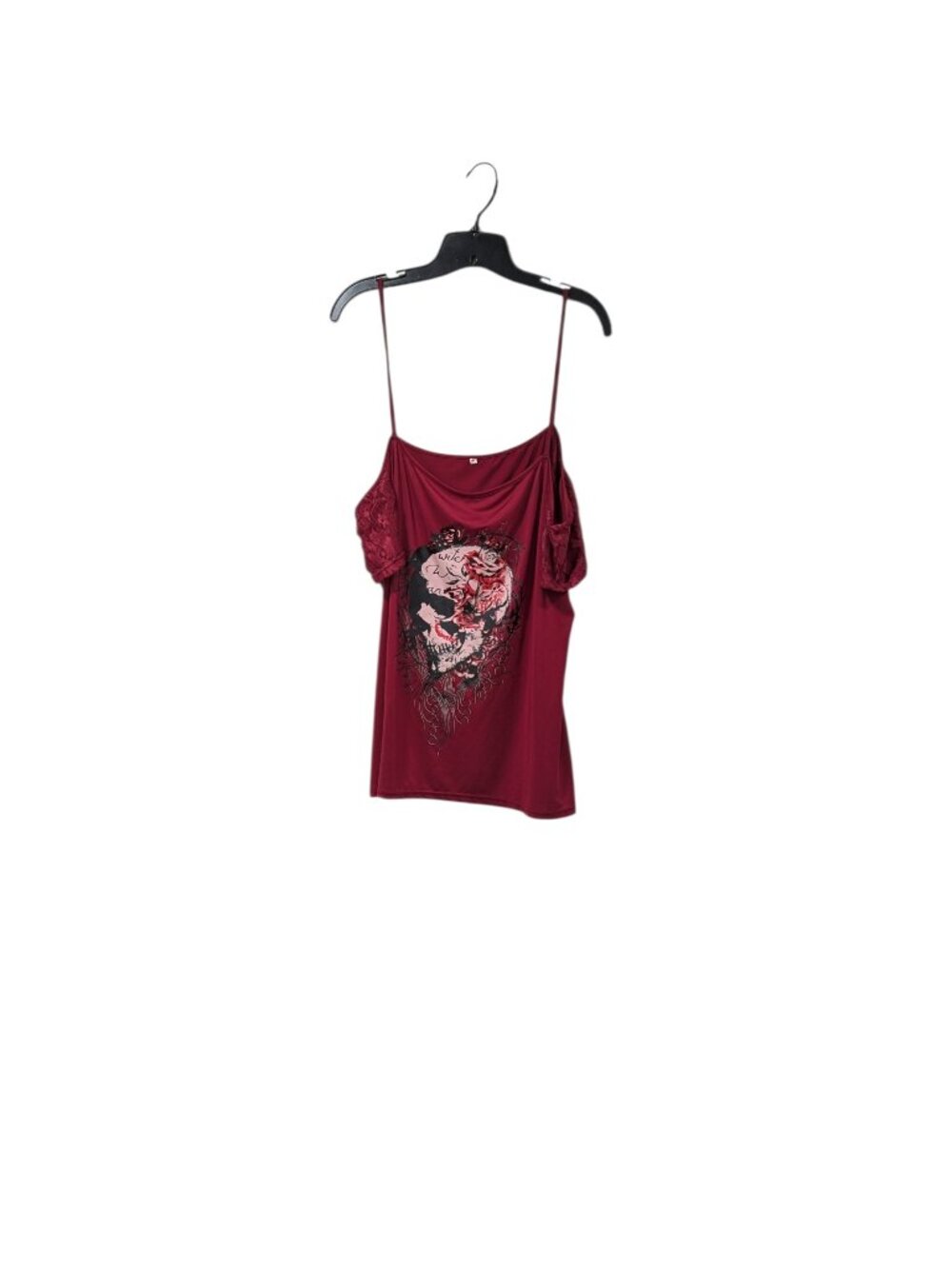 Wine Red Plus Size Y2K Skull Cold Shoulder Lace Sleeve Top Goth Grunge Punk 5X